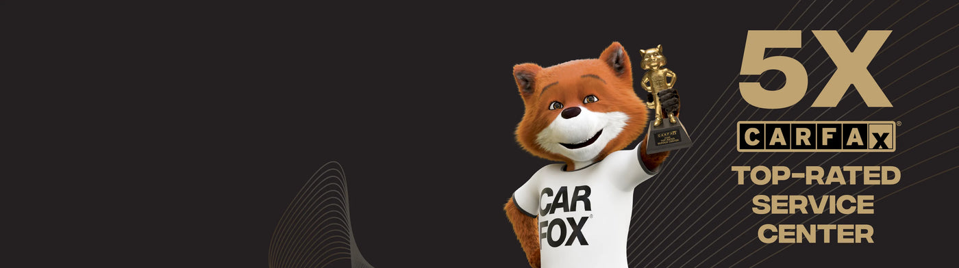 TD_Graphic_Carfax_Home_Page_Mobile_V2.webp Animated fox character wearing a CarFax shirt with a trophy, standing next to '5X CarFax Top-Rated Service Center' text on a black background.