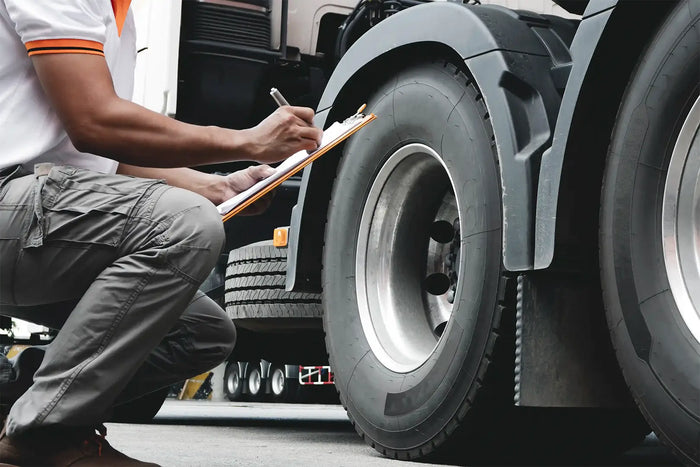 Technician inspecting commercial truck tire—Tire Discounters offers fleet maintenance and DOT-compliant tire inspections.