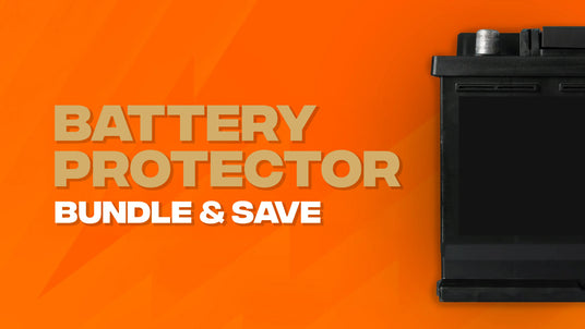 Black battery protector on an orange background with text 'Battery Protector Bundle & Save'.