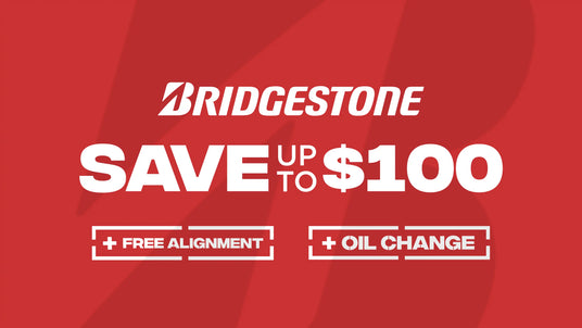 Bridgestone advertisement on a red background with text about savings and free services.