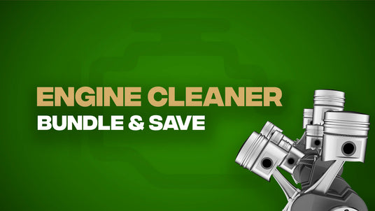 Advertisement for engine cleaner bundle on a green background with piston graphics.