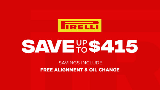 Pirelli advertisement on a red background with savings offer text.