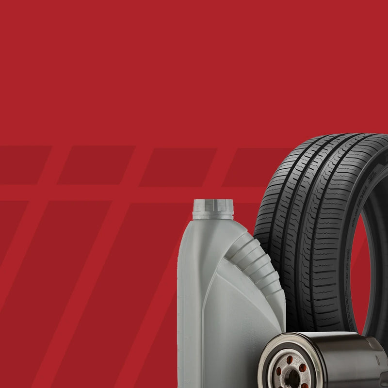 Auto service products including new tire, oil change container, and filter on red backdrop.