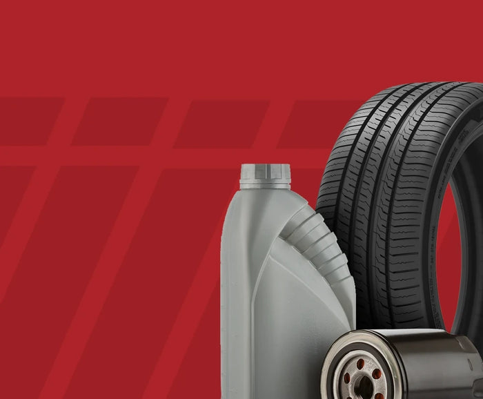 Tire, oil container, and filter on red background representing complete auto maintenance services.