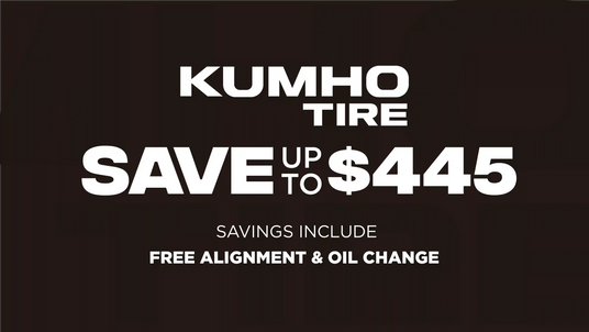Kumho Tire offers save up to $445 advertisement on a black background