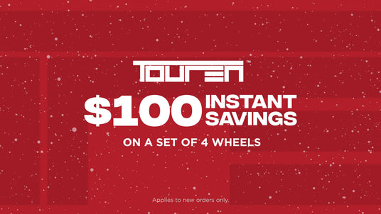 Red background with Touren logo and $100 instant savings offer on wheels