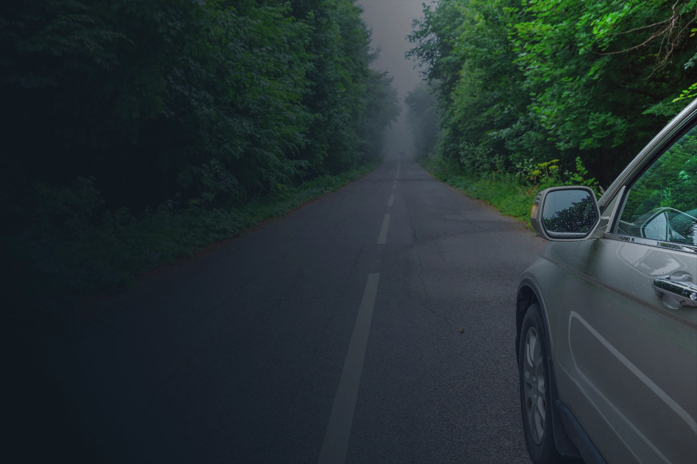 SUV on a foggy forest road, symbolizing road trip readiness and tire safety checks at Tire Discounters.