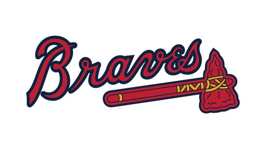 Atlanta Braves team logo with red script lettering and tomahawk design.