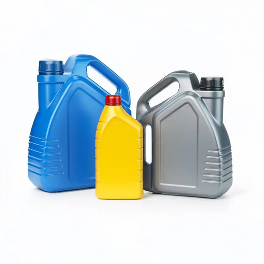 Three plastic automotive fluid containers in blue, yellow, and silver, commonly used for storing automotive fluids.
