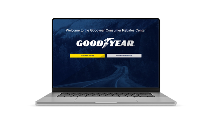 Laptop showing Goodyear rebate portal to start new tire rebate or check rebate status
