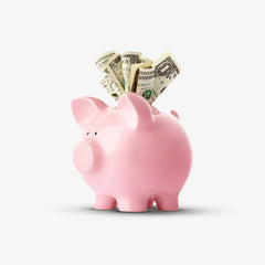 Pink piggy bank filled with dollar bills symbolizing car repair savings.