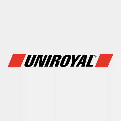 Uniroyal Tire logo featuring bold black text and red diagonal stripes on a light gray background.