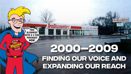 Phantom Tire Buyer in front of a 2000s photo of a store location