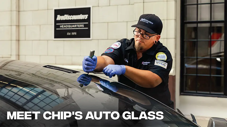 Chip's employee servicing a windshield with the title Meet Chip's Auto Glass