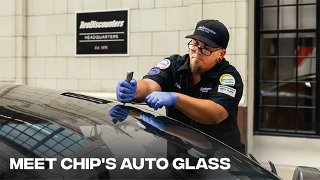 Chip's employee servicing a windshield with the title Meet Chip's Auto Glass