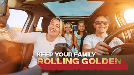 A family taking a selfie in a car with sunrise in the background