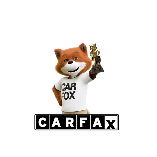 CARFAX fox mascot holding a CARFAX award trophy, promoting vehicle history reports and trusted used car information.