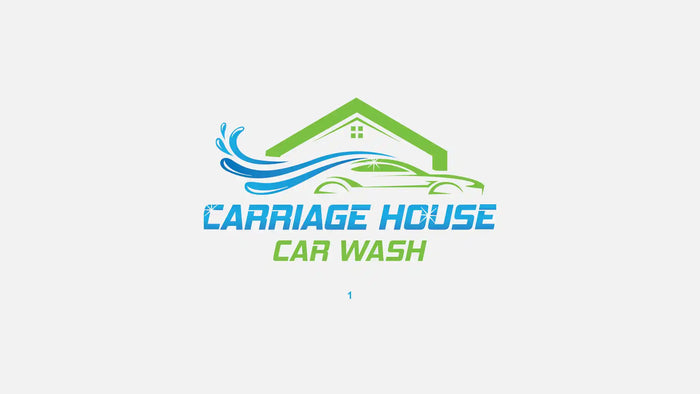 Carriage House Car Wash logo featuring a stylized house, sleek car, and blue water waves, representing professional auto wash services.