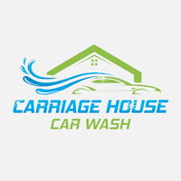 The Carriage House Car Wash logo features a modern car silhouette under a stylized green roof, accented by dynamic blue water swirls. The design highlights a clean, inviting, and professional image—blending the comfort of home with premium vehicle care. The typography uses bold, blue and green lettering to reinforce freshness, trust, and eco-friendly service.