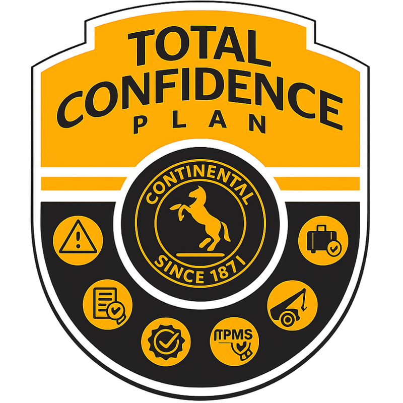Logo for Total Confidence Plan with Continental logo and various icons on a yellow and black background