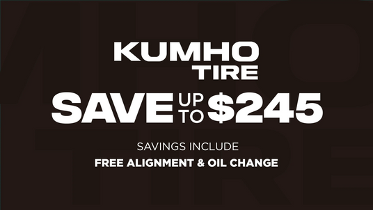 Kumho Tire advertisement with text about savings on tires, alignments, and oil changes.