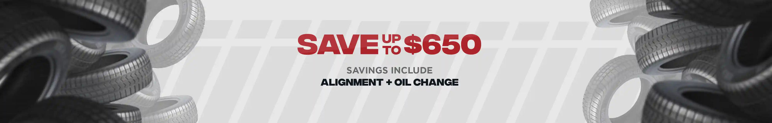 Promotional banner for tire sale with text 'Save up to $630' and tire images.