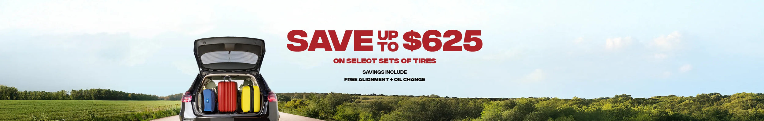 Road Trip ready Bundle helps you save up to $625 on select tire sets with free alignment and oil change at Tire Discounters