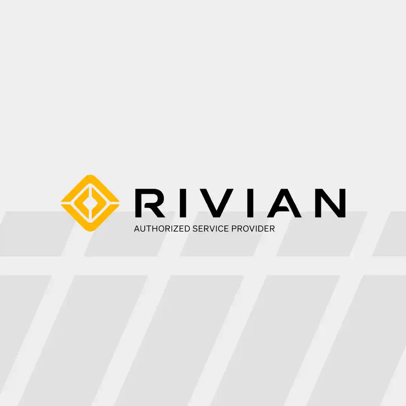 Rivian Authorized Service Provider logo showcasing official electric vehicle repair partnership and certified EV maintenance.