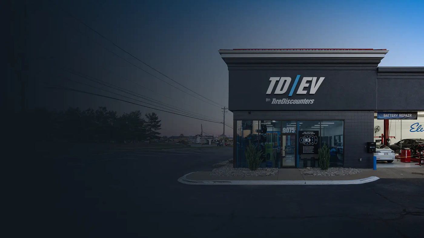 Exterior view of TD EV by Tire Discounters location offering electric vehicle tire and battery repair services.