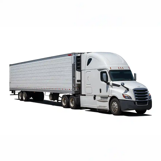 White semi-truck with a large box trailer, commonly used for long-haul freight transportation and commercial deliveries.