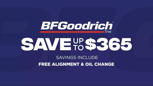 BFGoodrich tire advertisement with savings offer on a blue background