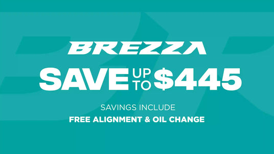 Promotional banner for Brezza with savings offer on a teal background that says save up to $445 with Brezza tires