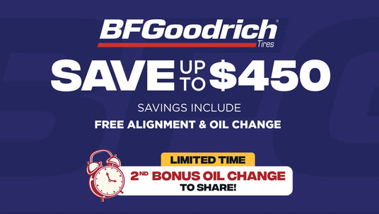 Promotional graphic for BFGoodrich Tires featuring large white text on a dark blue background. The ad reads 'SAVE UP TO $450' and 'SAVINGS INCLUDE FREE ALIGNMENT & OIL CHANGE,' with a small alarm clock illustration and a 'LIMITED TIME 2ND BONUS OIL CHANGE TO SHARE!' banner.