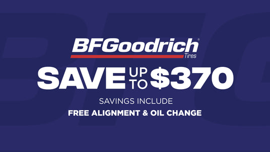 BFGoodrich tire advertisement with savings offer on a blue background