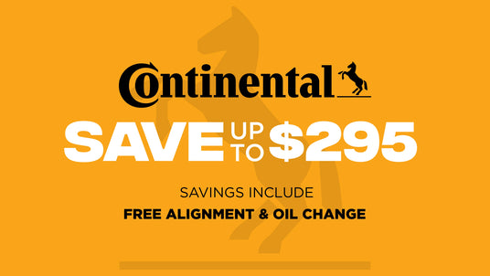 Continental tire advertisement with savings offer on a yellow background