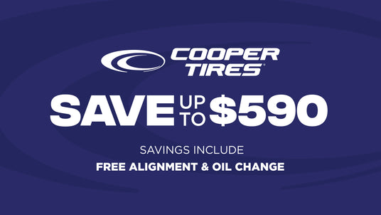 Cooper Tires promotional offer on a blue background with savings and free services text.