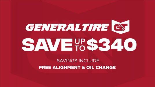 A promotional graphic for General Tire featuring bold white text on a dark red background. The text reads 'GENERAL TIRE', 'SAVE UP TO $340', and 'SAVINGS INCLUDE FREE ALIGNMENT & OIL CHANGE'.
