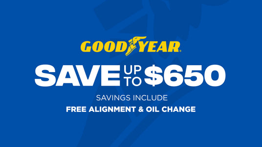 Goodyear advertisement on a blue background with text about savings and free services.