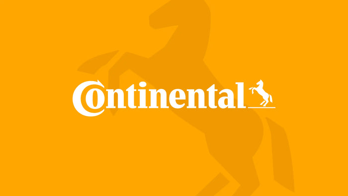 Continental Tires logo on bright orange background with a horse icon, representing premium German-engineered tires for safety, performance, and durability.