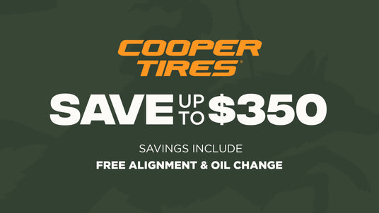 Promotional graphic for Cooper Tires featuring the brand name in orange and the text 'SAVE UP TO $350' with 'SAVINGS INCLUDE FREE ALIGNMENT & OIL CHANGE' on a dark green background.