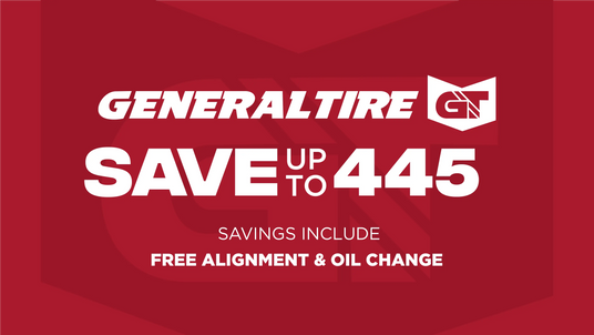 Upgrade your ride and save big. Get up to $445 in savings on General Tires, with a FREE Alignment and Oil Change at Tire Discounters!