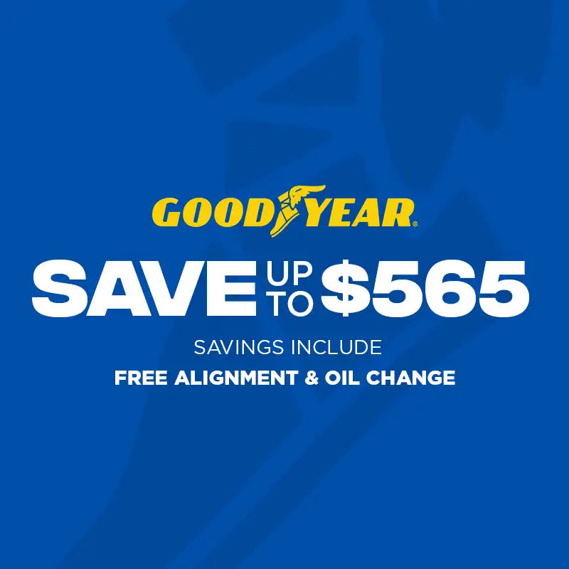 Goodyear advertisement on a blue background with text about savings and free services.

