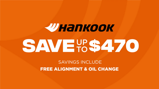 Hankook tire advertisement with savings offer on an orange background