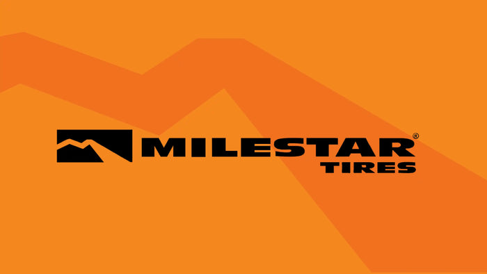 Milestar Tires logo on orange background with mountain icon – available at Tire Discounters for affordable all-terrain tire options.