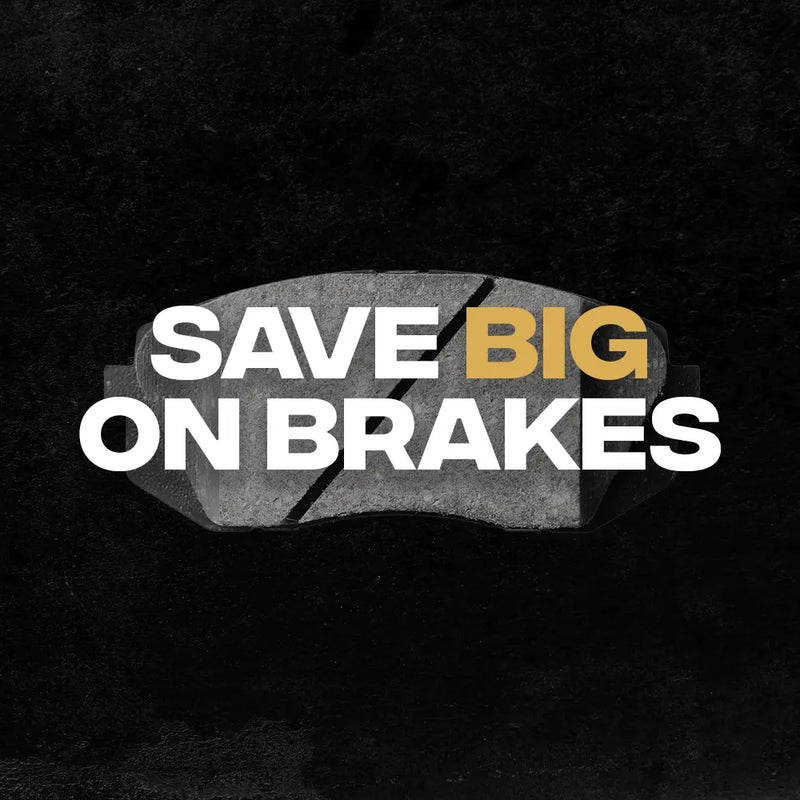 Brake pad on black background with bold white and gold text reading "Save Big on Brakes" to promote brake service discounts.