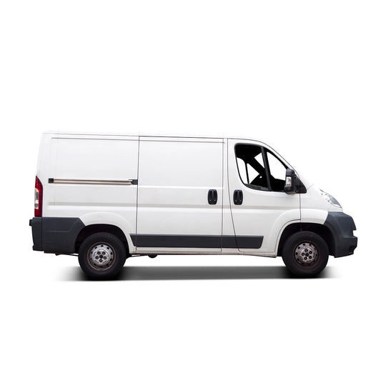 Side view of a white cargo van commonly used for mobile service, delivery, or commercial fleet operations.