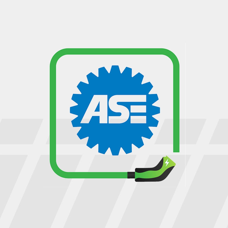 ASE EV certification badge with electric vehicle charging cable, representing certified EV technician credentials.