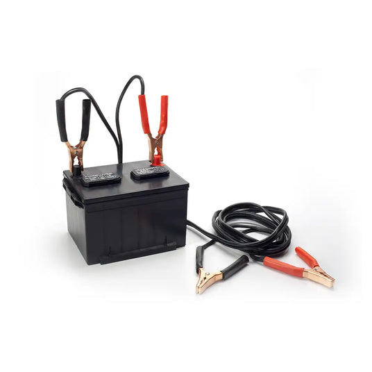 Car battery with red and black jumper cables connected to terminals, isolated on white background.