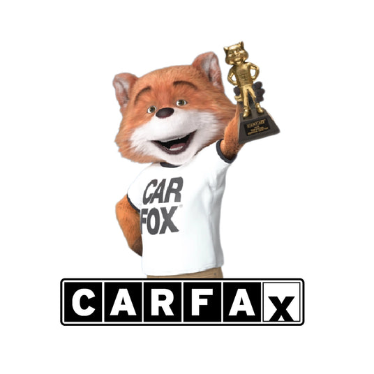 CARFAX fox mascot holding a CARFAX award trophy, promoting vehicle history reports and trusted used car information.