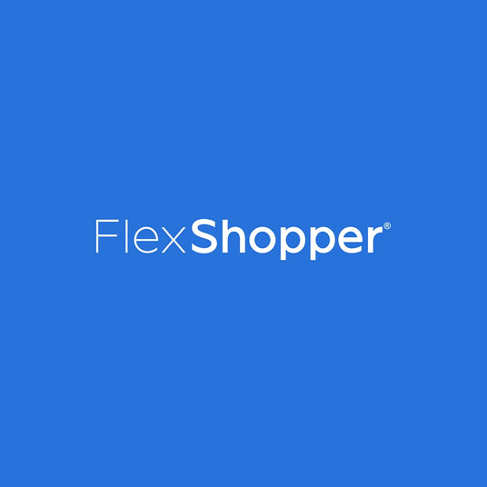 FlexShopper logo displayed on a solid blue background, showing the brand name in white modern text.